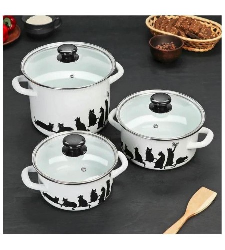 Набор эмалированных кастрюль Кошечки -5-1-Экстра